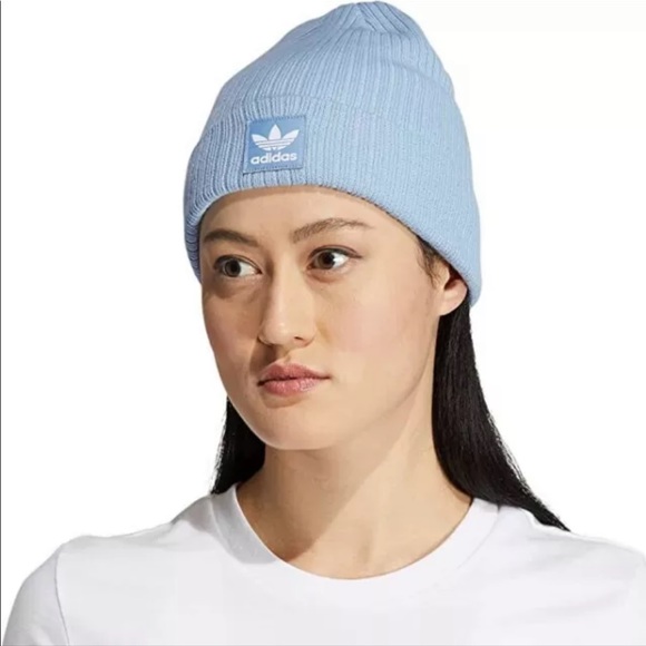 🎉HP🎉New! Adidas Originals Ribbed Trefoil Logo Womens Beanie OS Light Blue🌧🌊 - Picture 6 of 8